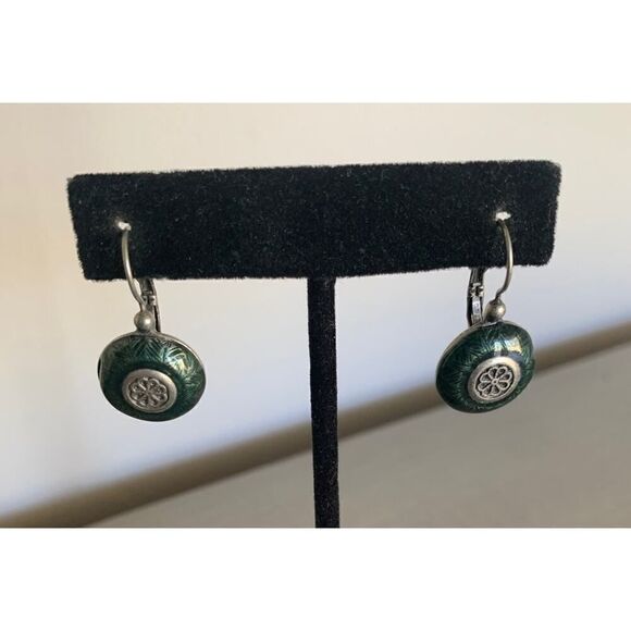 Vintage Limited Green enamel dangle earrings, in Oxidized Silver tone, Stamped - Picture 1 of 5